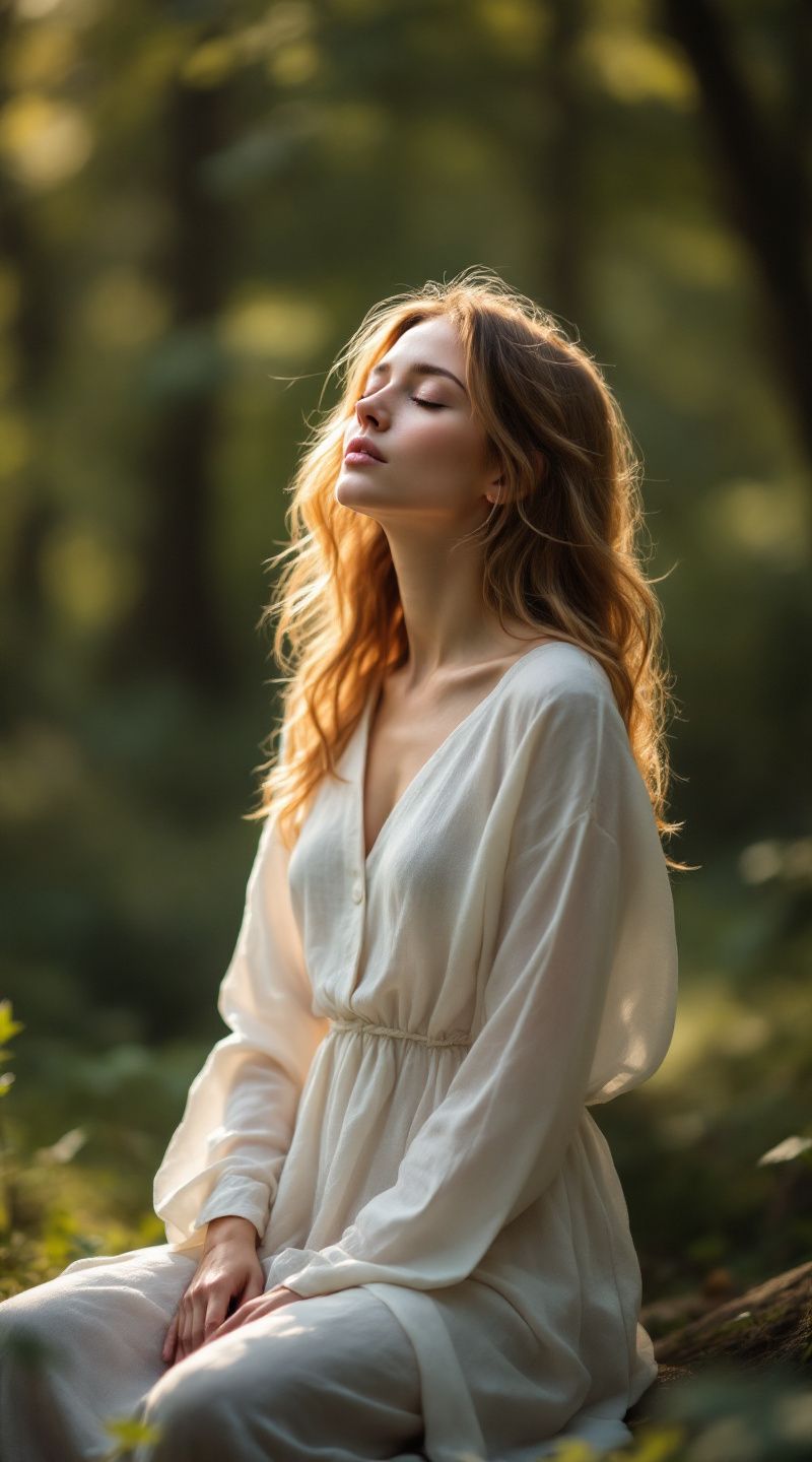  "Contemplative and serene, a white-woman in her 30s embodies a spiritual essence in a tranquil forest clearing. She is dressed in a flowing, white linen dress that gently sways with the breeze, while her golden-brown hair is styled in loose waves cascading down her shoulders. Her eyes are closed, and her lips are slightly parted in peaceful meditation. A soft, warm light filters through the trees, casting dappled shadows on the forest floor. The mood is one of stillness, introspection, and a profound connection to the natural world."