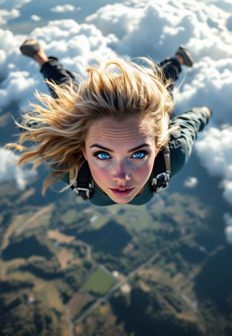 blone woman, skydiving, masterpiece, ultra hd, shot by iPhone, realistic, morning, high detailed eyes, mid distance shot