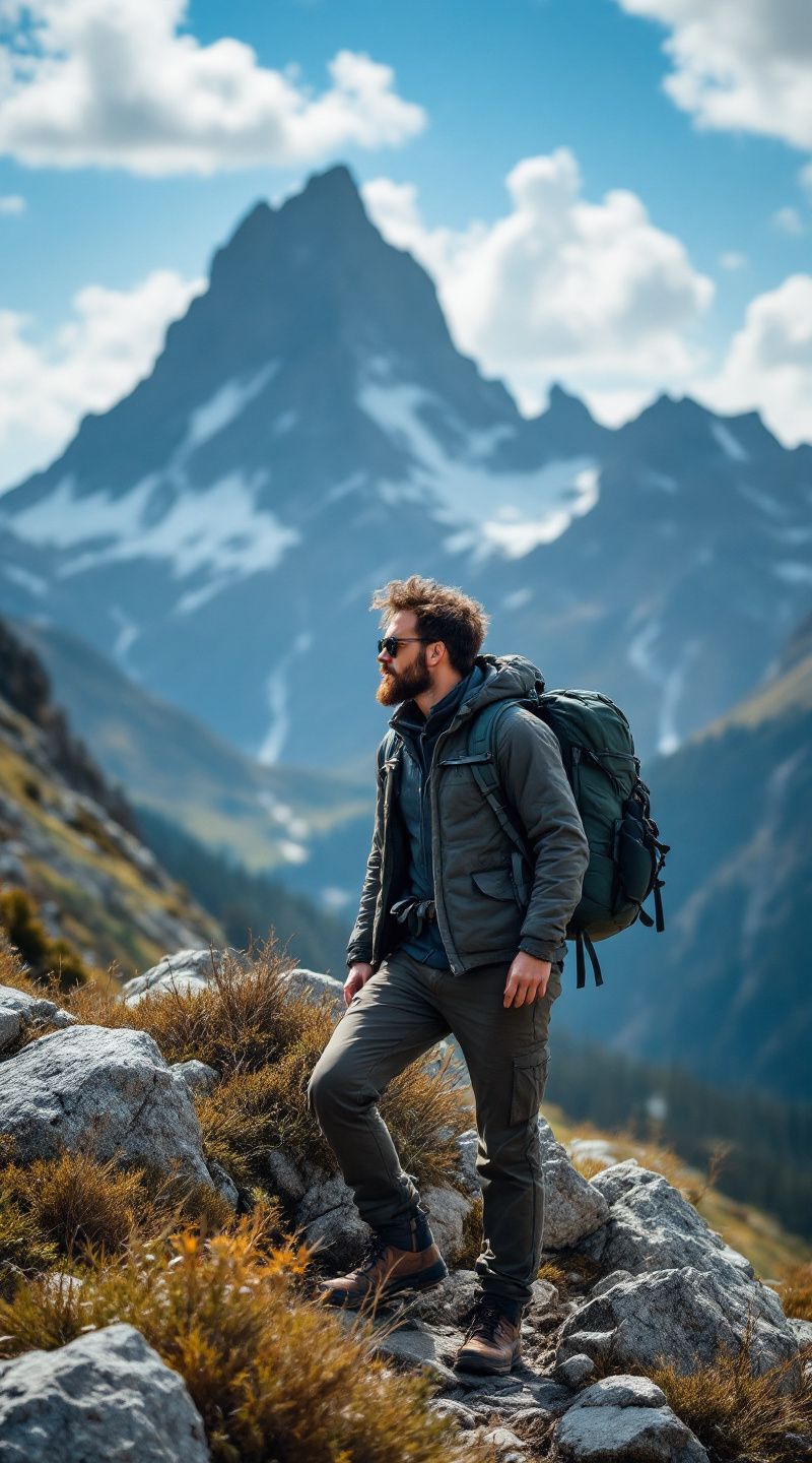 masculine man, model hiking in mountains